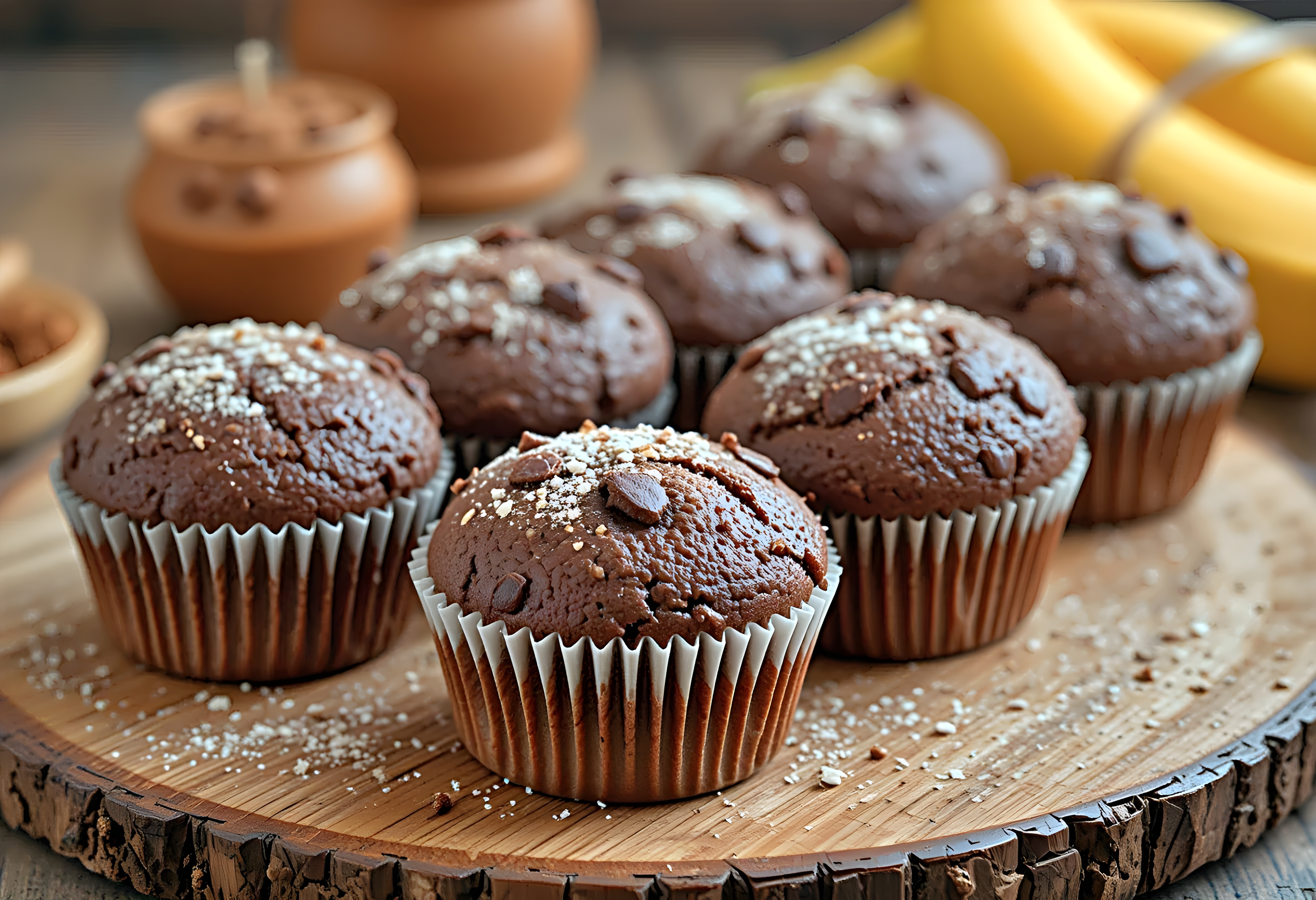 Chocolate muffins on a wooden board
